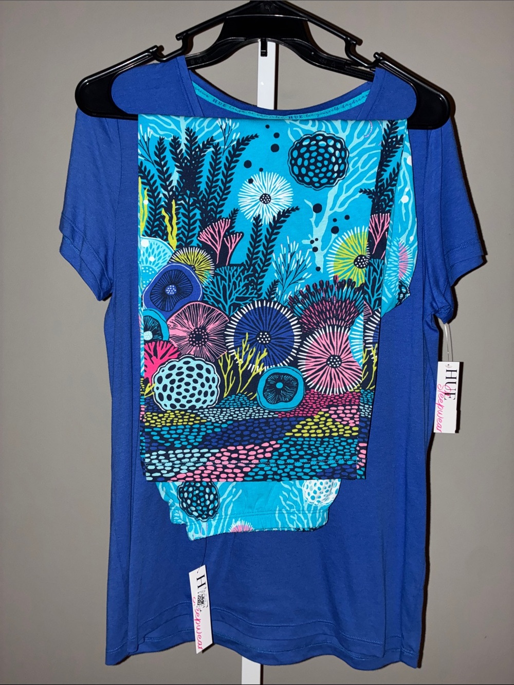HUE Royal Blue Short Sleeve Tee with Bright Multicolor Sea Print Bottoms